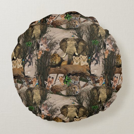 サファリ野生動物の目的地の繰り返しパターン ラウンドクッション (裏面)