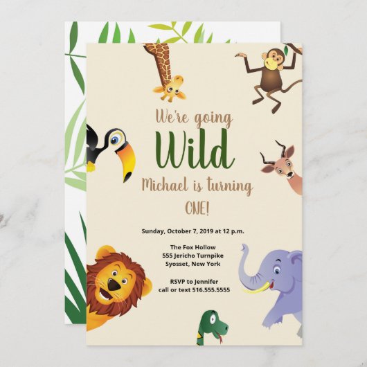 サファリ野生動物の緑の1歳の誕生日 招待状 (正面/裏面)