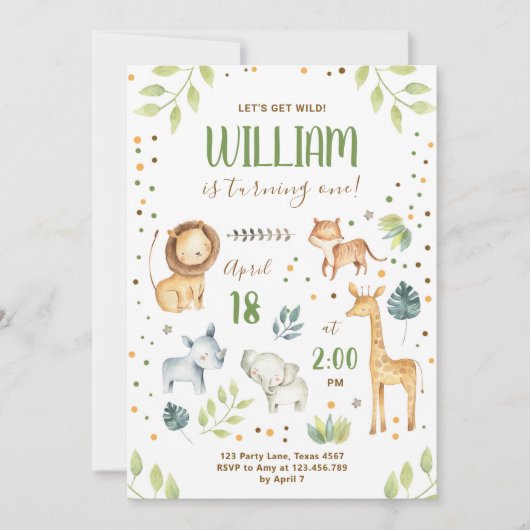 サファリ野生動物ジャングル動物園ボーイ誕生日 招待状 (正面)