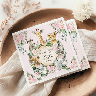 サファリ野生動物ピンクフローラ誕生日接待 スタンダードカクテルナプキン