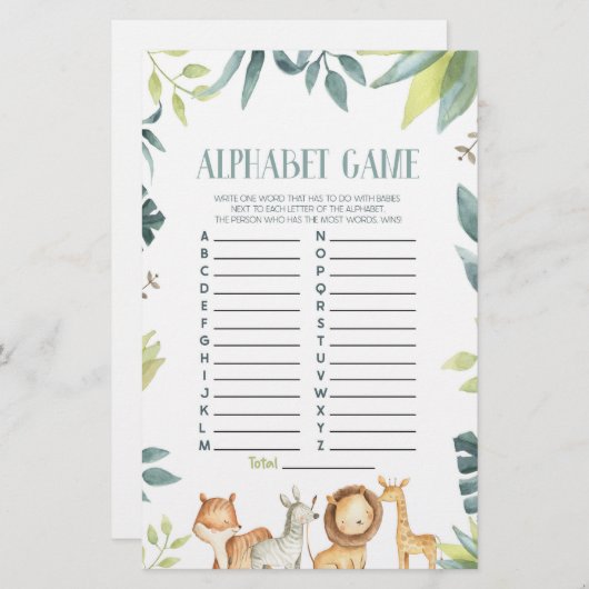 サファリ野生動物園の動物アルファベビーシャワーゲーム 便箋 (正面/裏面)
