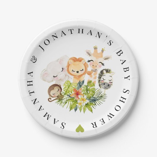 サファリ野生動物園の赤ん坊の動物の赤ちゃんシャワー ペーパープレート (正面)