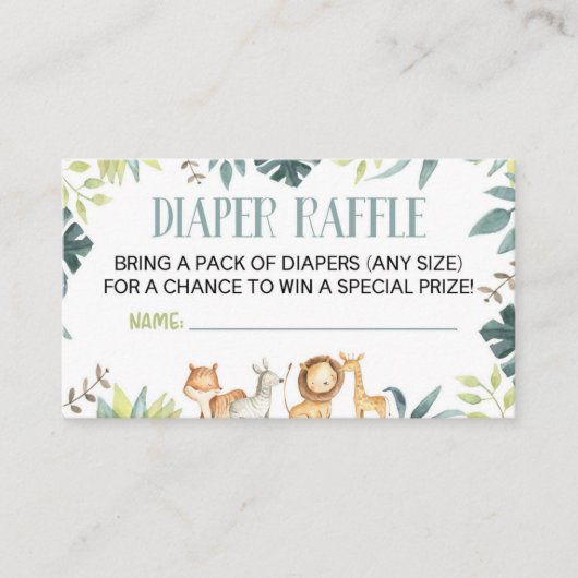 サファリ野生動物赤ちゃんシャワーおむつラッフルカード エンクロージャーカード (正面)