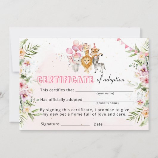 サファリ野生動物養子縁組の証明書 招待状 (正面)