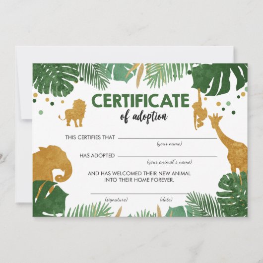 サファリ野生動物養子縁組証明書誕生日 招待状 (正面)