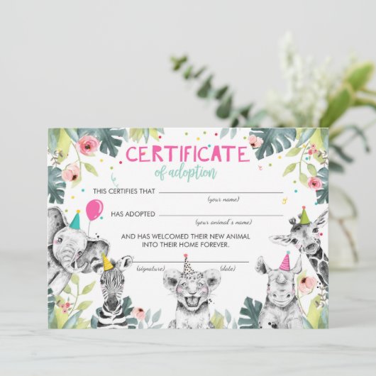 サファリ野生動物養子縁組証明書誕生日 招待状 (スタンド正面)