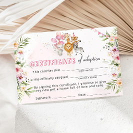 サファリ野生動物養子縁組証明書 招待状