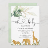 サファリ金ゴールドの男女兼用ベビーシャワー 招待状 (正面/裏面)