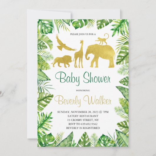 サファリ金ゴールド動物のベビーシャワー 招待状 (正面)