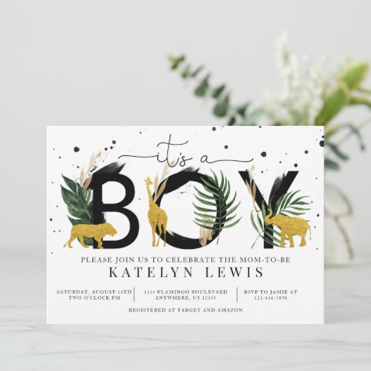 サファリ金ゴールド動物ベビーシャワー招待状 招待状 (スタンド正面)