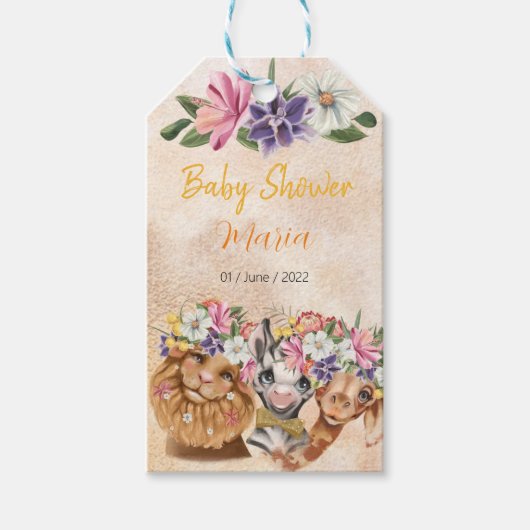 サファリ風の赤ちゃんシャワーの招待金ゴールド ギフトタグ (正面)