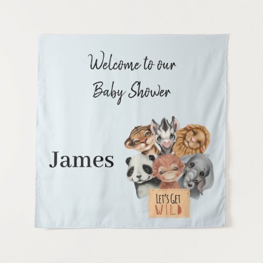 サファリ風の赤ちゃんシャワーブルー タペストリー (正面)
