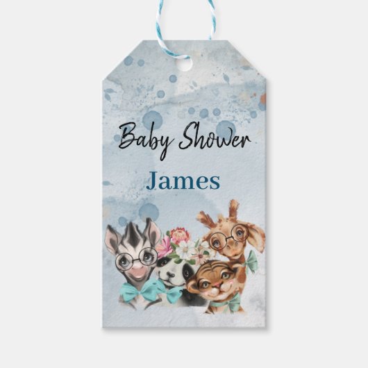 サファリ風の赤ちゃんシャワー招待ブルー ギフトタグ (正面)