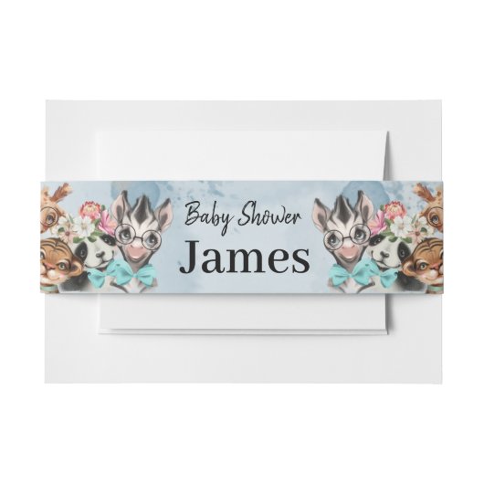 サファリ風の赤ちゃんシャワー招待ブルー 招待状ベリーバンド (正面例)