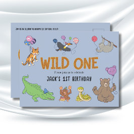 サファリ1歳の誕生日招待状ワイルドワンアニマル ポストカード