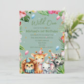 サファリ1歳誕生日ワイルドワン フラワーキッズ誕生日 招待状 (スタンド正面)