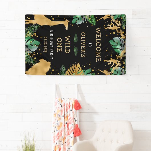 サファリ1st誕生日パーティーグリーン金ゴールドブラックウェルカム 横断幕 (インサイチュ)