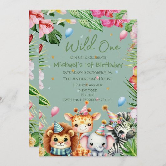 サファリ1thバースデーワイルドワンフローラ子供の誕生日 招待状 (正面/裏面)