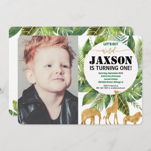 サファリ1th最初の誕生日の招待ボーイフォト 招待状 (正面/裏面)
