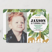 サファリ1th最初の誕生日の招待ボーイフォト