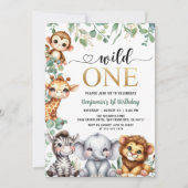 サファリ1th誕生日ワイルドワン |金ゴールドのジャングル動物 招待状 (正面)