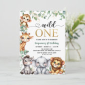 サファリ1th誕生日ワイルドワン |金ゴールドのジャングル動物 招待状 (スタンド正面)