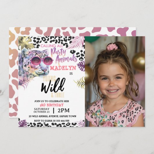 サファリ3rdガールヤングワイルドスリーフォト誕生日 招待状 (正面/裏面)