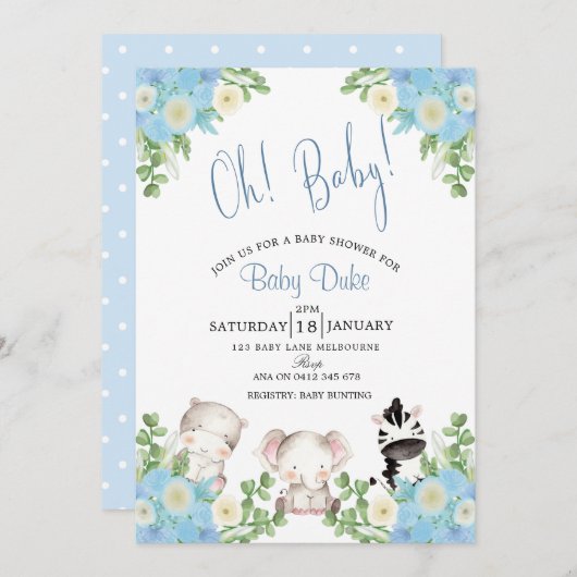 サファリ·アニマルズ·ブルーボーイ·シャワーの招待 招待状 (正面/裏面)