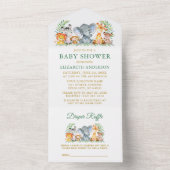 サファリ アニマル グリーン ベイビー シャワー & ラッフル ゴールド オールインワン招待状 (内側)