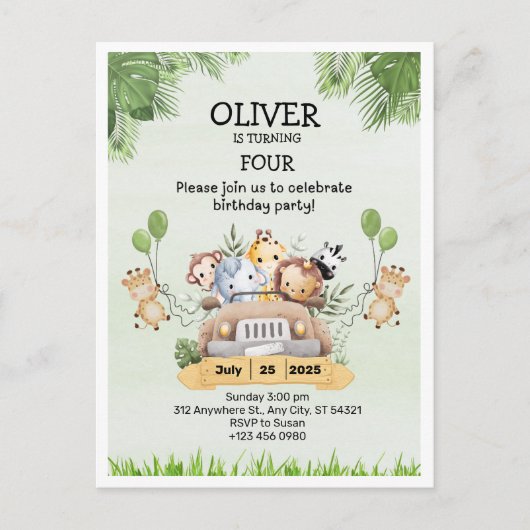 サファリ アニマル ズー 誕生日 4歳 招待状 ポストカード (正面)