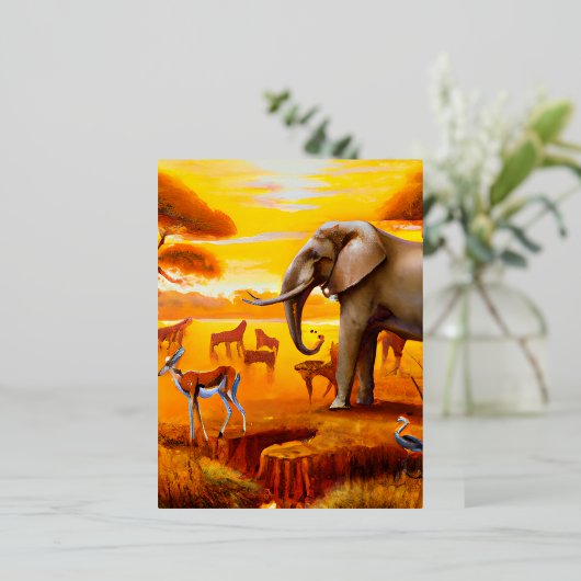 サファリ、アフリカのサンセットと野生動物 箔シーズンポストカード (立ち正面)