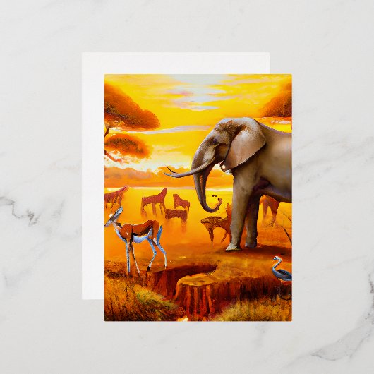 サファリ、アフリカのサンセットと野生動物 箔シーズンポストカード (正面/裏面)