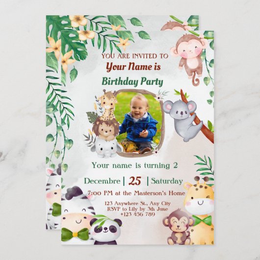 サファリ&ジャングル誕生日招待状 子供へ 招待状 (正面/裏面)