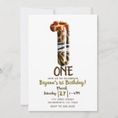 サファリ ジャングル ゼブラ ヒョウ 1歳 誕生日パーティー 招待状 (正面)