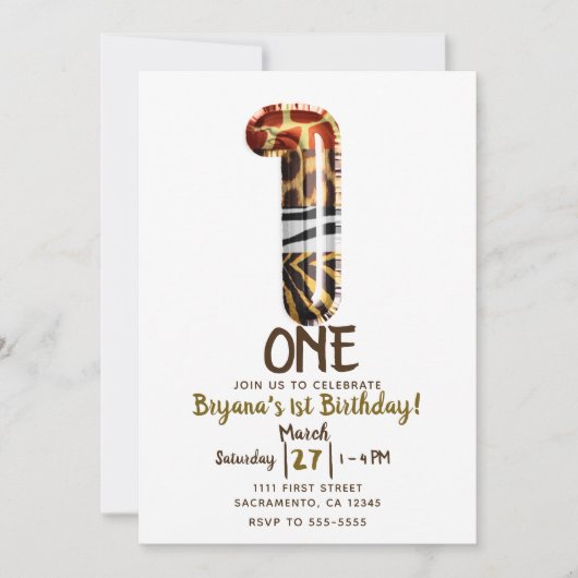 サファリ ジャングル ゼブラ ヒョウ 1歳 誕生日パーティー 招待状 (正面)