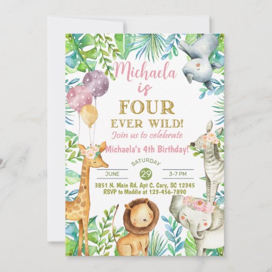サファリ フォーエバーワイルド ガール 4歳の誕生日招待状。 招待状 (正面)