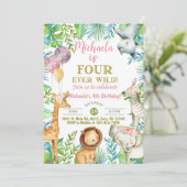 サファリ フォーエバーワイルド ガール 4歳の誕生日招待状。 招待状 (スタンド正面)