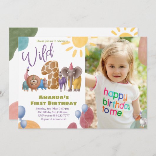 サファリ ワイルド ワン フォト 誕生日招待状 招待状 (正面/裏面)