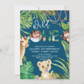 サファリ ワイルド ワン 動物 ジャングル フォト 1歳 誕生日 招待状 (正面)