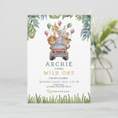 サファリ ワイルド ワン 1歳の誕生日 ジャングルの動物 招待状 (スタンド正面)