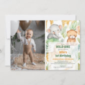 サファリ 動物 ワイルド ワン 1歳 誕生日 招待状 (正面)