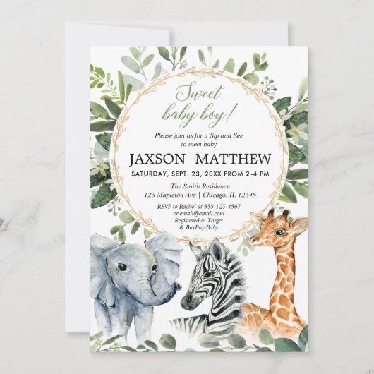 サファリsipと参照、ミート男の赤ちゃんジャングルテーマ 招待状 (正面)