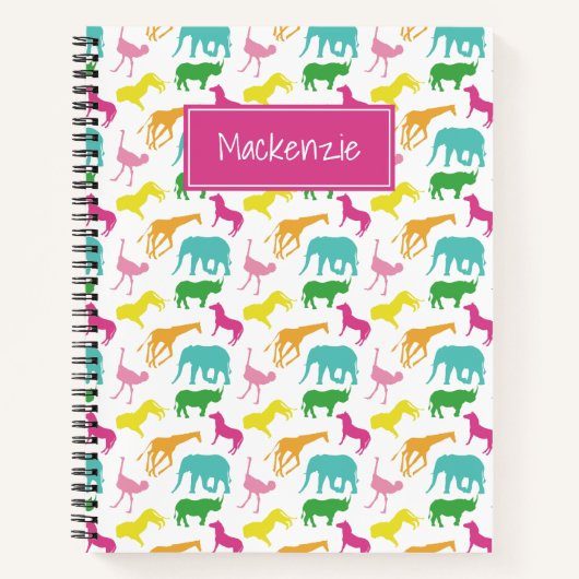 サファ名門私立校風のリアニマルピンクイエローアクアパーソナライズされた ノートブック (正面)