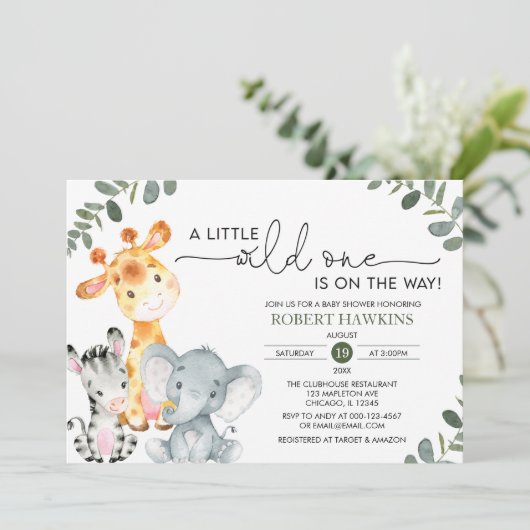 サファ男女兼用リ動物野生の一人のベビーシャワー 招待状 (スタンド正面)