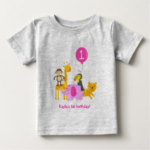 サフェイジャングル動物1st誕生日tシャツ女の子 ベビーTシャツ