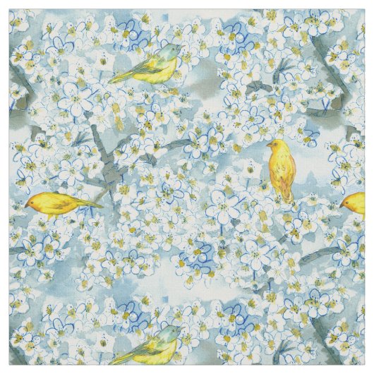 サフランのヒメハクドリが果実の木を咲かせる ファブリック (見本)