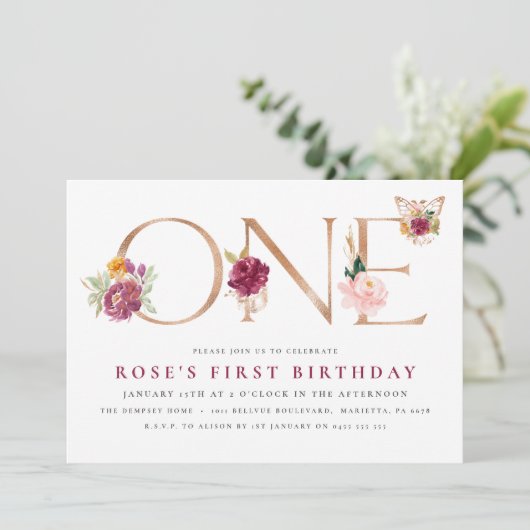 サフランバラ金ゴールドフローラバタフライ第1誕生日 招待状 (スタンド正面)