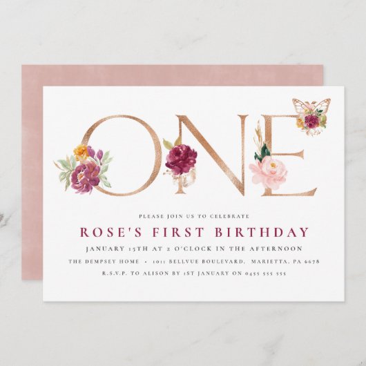 サフランバラ金ゴールドフローラバタフライ第1誕生日 招待状 (正面/裏面)