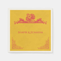 サフラン&ピンクピーコックインディアン結婚ズナプキン
