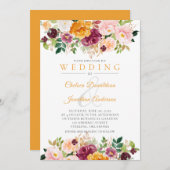 サフラン、ピンク、バーガンディの水彩バラ結婚ズ 招待状 (正面/裏面)